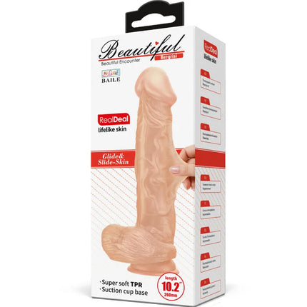 Beige silikon realistischer dildo 26 cm mit hauttextur und saugfuß in weißer verpackung von baile beautiful encounter