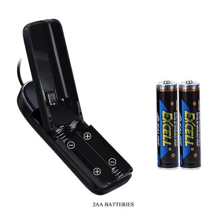 Schwarzes dual-aa-ladegerät aus kunststoff mit schlankem design und zwei passenden excell aa-batterien neben dem produkt baile schöne begegnung vibration catoblepas 20.6 cm natürlich