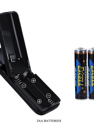 Schwarzes kunststoff dual-aa akkuladegerät mit schlankem kompakt design und zwei excell marken aa batterien nebenan