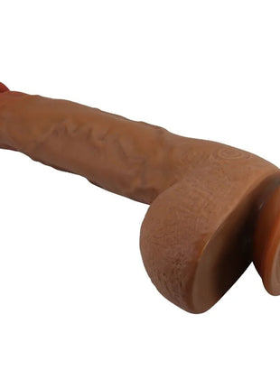 Tanfarbener realistischer silikonvibrator mit roter spitze und abgerundetem grundstück multato 25 cm
