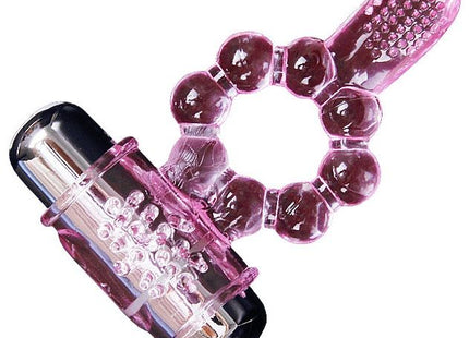 Rosa transparenter silikonring mit 10 zungenrhythmen und texturierten perlen mit schwarzem batteriepack von BAILE