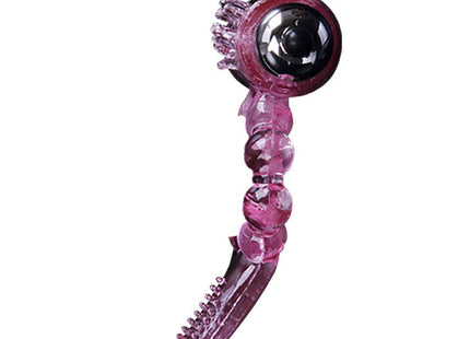 Rosa transparenter silikonring mit schwarzem rundkopf und geripptem, segmentiertem körper für vibration