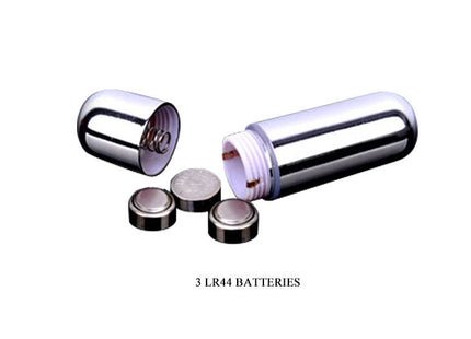 Shiny chrome batteriegehäuse mit drei lr44 batterien neben baile silikonring 10 zungenrhythmen mit rosa vibration