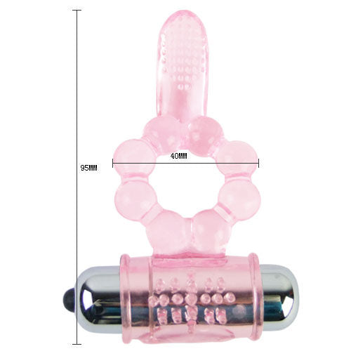 Pinkfarbener silikonring mit klarer batteriehalterung und silbernen enden für 10 zungenrhythmen vibration