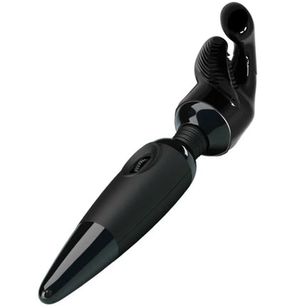 Schwarzer glänzender plastikmassager von baile mit gebogenem, strukturiertem kopf und konischem griff