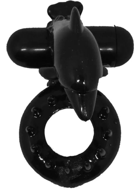Schwarzer delphinförmiger vibrierender ring mit klitorisstimulator und strukturierter oberfläche von baile