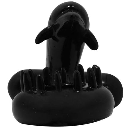 Schwarzer glänzender dolphinförmiger massager mit strukturierter, stacheliger oberfläche für klitoris stimulation