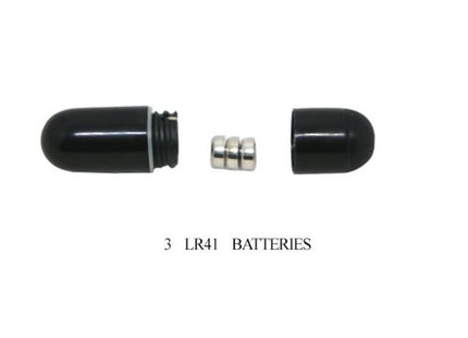 Schwarzes zylindrisches batteriefach mit gewindedeckel und drei silbernen lr41 batterien für baile süßer ringring mit kaninchen