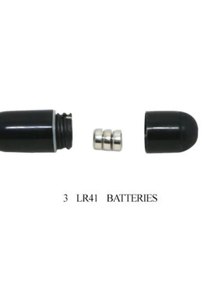 Schwarzes zylindrisches batteriefach mit gewindedeckel und drei silbernen lr41 batterien für baile süßer ringring mit kaninchen
