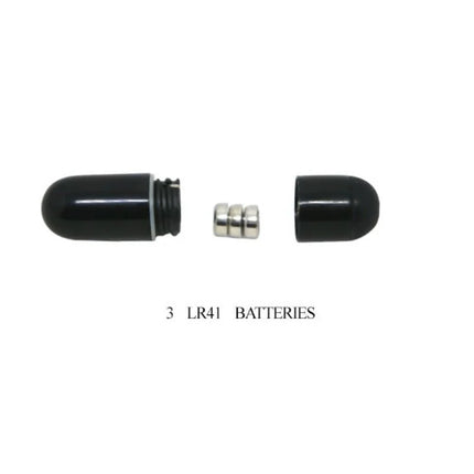 Schwarzes zylindrisches batteriefach mit gewindedeckel und drei silbernen lr41 batterien für baile süßer ringring mit kaninchen
