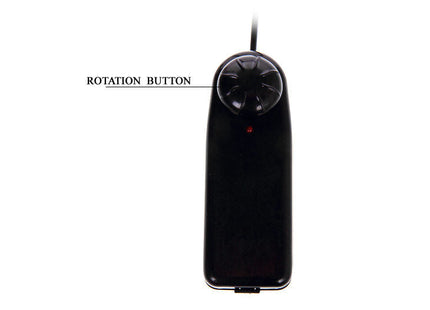 Schwarze handliche elektrische massager mit texturiertem rotationsknopf und roter anzeige für super rota dong penis rotator