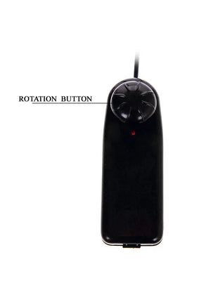 Schwarze handliche elektrische massager mit texturiertem rotationsknopf und roter anzeige für super rota dong penis rotator