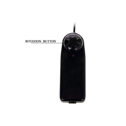 Schwarze handliche elektrische massager mit texturiertem rotationsknopf und roter anzeige für super rota dong penis rotator