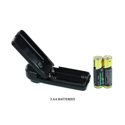 Schwarzes kunststoff-akku-ladegerät mit zwei aa-batterien neben dem baile super rota dong penis rotator produkt