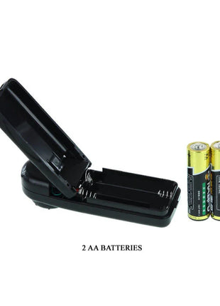 Schwarzes kunststoff-akkugehäuse mit zwei aa-batterien neben dem baile super rota dong realistischer dildo 20,5 cm