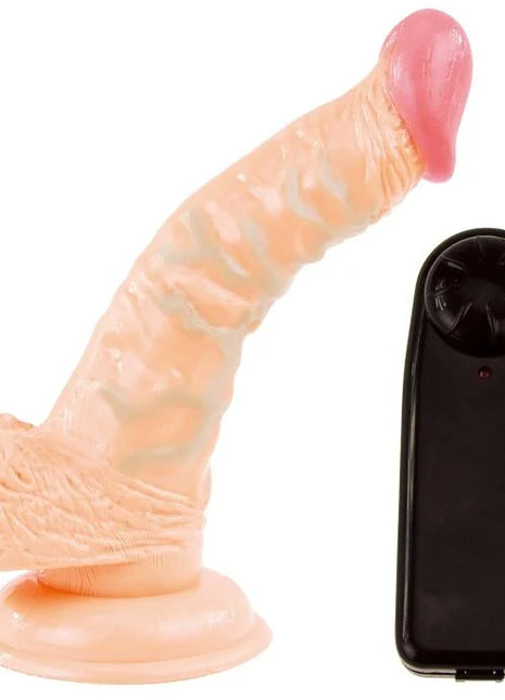 Peachfarbener silikon realistischer penisrotator mit rosa spitze und schwarzer fernbedienung von baile