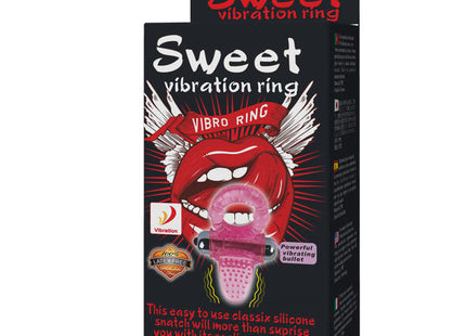 Rosa silikon vibrationsring mit strukturierter oberfläche und vibrierender klinge verpackt in schwarzer sweet vibration ring box