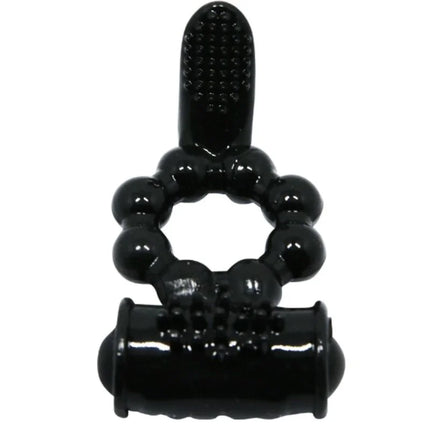 Schwarzer silikon finger ring mit strukturierter griff und perlendetails aus der baile sweet ring mit doppelstimulator serie