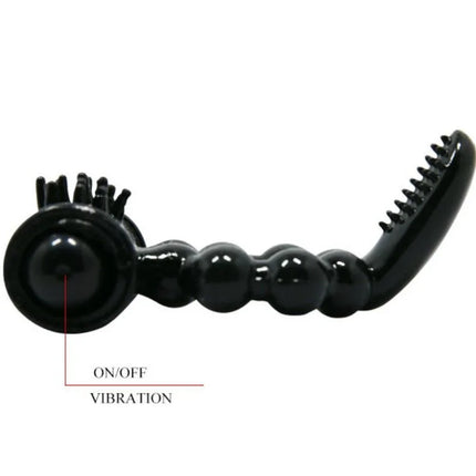 Schwarzes silikon vibratorspielzeug mit abgerundetem griff segmentiertem körper und borstenenden baile sweet ring ring mit doppelstimulator