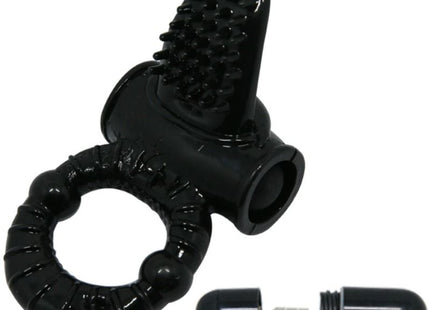 Schwarzer silikonfinger-vibrator mit texturiertem, borstigem kaninchenspitze und segmentierter ringbasis von baile