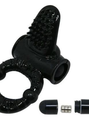 Schwarzer silikonfinger-vibrator mit texturiertem, borstigem kaninchenspitze und segmentierter ringbasis von baile