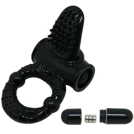 Schwarzer silikonfinger-vibrator mit texturiertem, borstigem kaninchenspitze und segmentierter ringbasis von baile