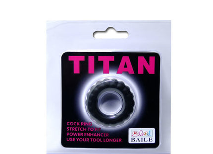 Baile titan cockring schwarz 2 cm schwarzer strukturierter cockring in durchsichtiger plastikverpackung mit rosa weißem branding