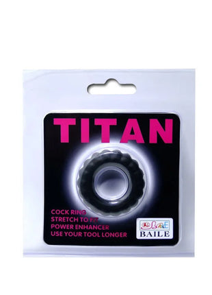 Baile titan cockring schwarz 2 cm schwarzer strukturierter cockring in durchsichtiger plastikverpackung mit rosa weißem branding