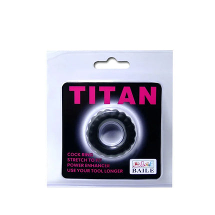 Baile titan cockring schwarz 2 cm schwarzer strukturierter cockring in durchsichtiger plastikverpackung mit rosa weißem branding
