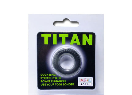 Schwarzer und silberner titan cockring von baile in klarer plastikverpackung mit grünem branding 2 cm breit