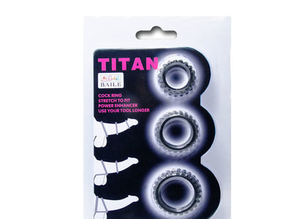 Baile titan set 3stk cockring schwarz 2.8 2.4 1.9 cm mit drei silbernen metallringen und strukturierten kanten in schwarzer und pinker verpackung