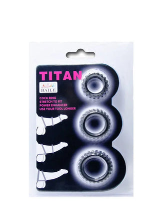 Baile titan set 3stk cockring schwarz 2.8 2.4 1.9 cm mit drei silbernen metallringen und strukturierten kanten in schwarzer und pinker verpackung