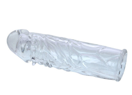 Transparente silikonpenishülle von baile mit 13 cm länge, strukturierter oberfläche und rundspitze sichtbar