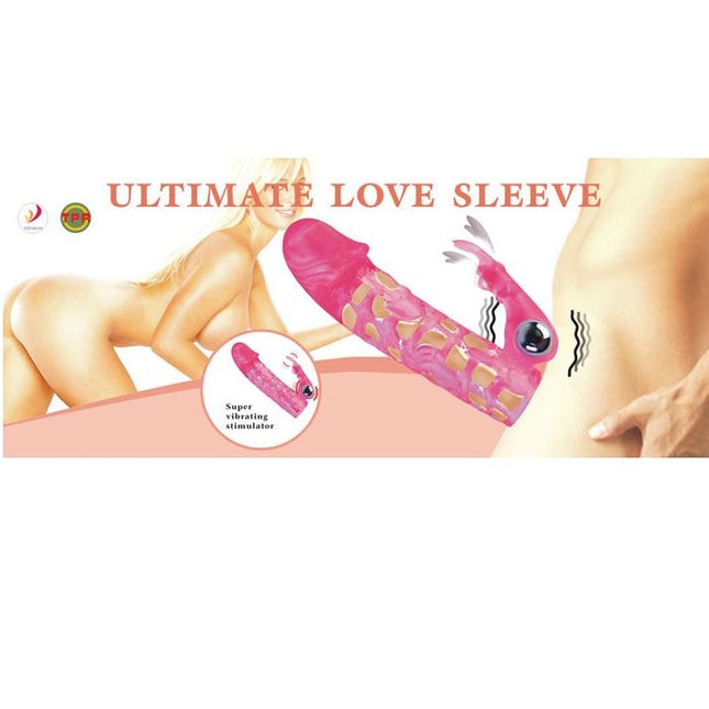 Pink transluzente silikon ultimative love sleeve mit goldfarbenem muster und schwarzem knopf für vibration