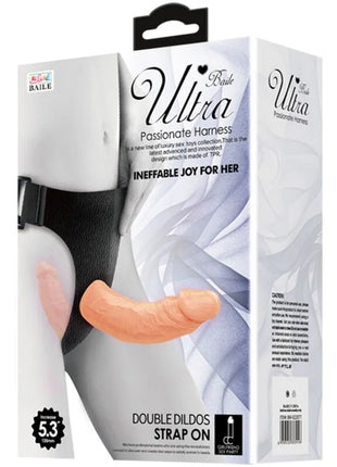 Baile ultra leidenschaftlicher doppelte dildos mit geschirr in pfirsichfarbenem silikon und schwarzen verstellbaren riemen
