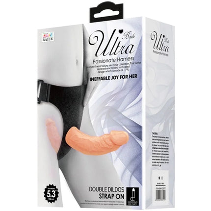 Baile ultra leidenschaftlicher doppelte dildos mit geschirr in pfirsichfarbenem silikon und schwarzen verstellbaren riemen