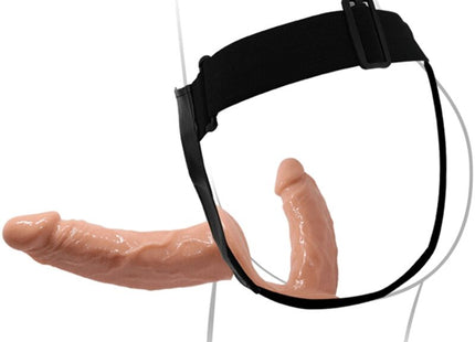 Schwarzer elastikgürtel mit verstellbarer schnalle hält pfirsichfarbenen silikon-dildo im produkt baile ultra leidenschaftlicher doppelter dildos mit geschirr