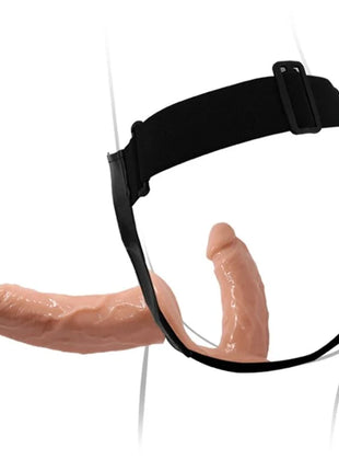 Schwarzer elastikgürtel mit verstellbarer schnalle hält pfirsichfarbenen silikon-dildo im produkt baile ultra leidenschaftlicher doppelter dildos mit geschirr