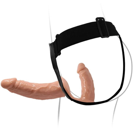Schwarzer elastikgürtel mit verstellbarer schnalle hält pfirsichfarbenen silikon-dildo im produkt baile ultra leidenschaftlicher doppelter dildos mit geschirr