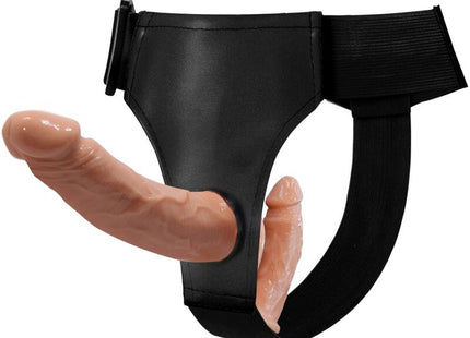 Baile schwarzes lederähnliches geschirr mit zwei pfirsichfarbenen silikon dildos für doppelte leidenschaft