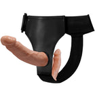 Baile schwarzes lederähnliches geschirr mit zwei pfirsichfarbenen silikon dildos für doppelte leidenschaft