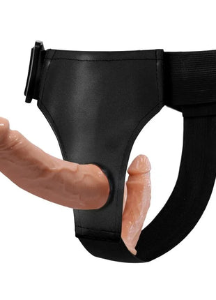 Baile schwarzes lederähnliches geschirr mit zwei pfirsichfarbenen silikon dildos für doppelte leidenschaft