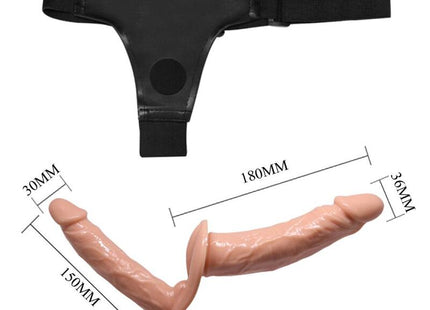 Schwarzer lederähnlicher harness mit pfirsichfarbenem silikon-dildo und realistischer struktur in baile ultra leidenschaftlicher doppelte dildos mit harness