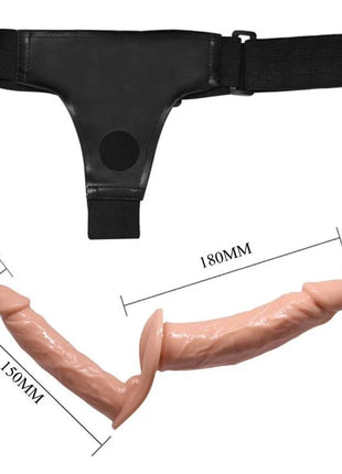 Schwarzer lederähnlicher harness mit pfirsichfarbenem silikon-dildo und realistischer struktur in baile ultra leidenschaftlicher doppelte dildos mit harness