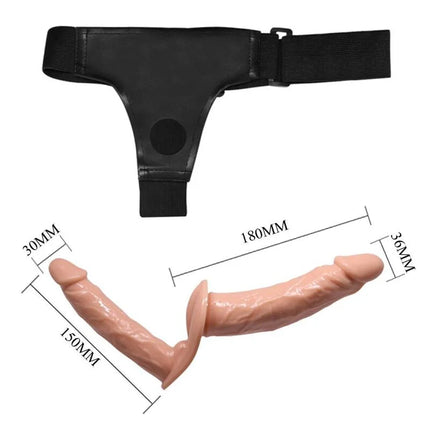 Schwarzer lederähnlicher harness mit pfirsichfarbenem silikon-dildo und realistischer struktur in baile ultra leidenschaftlicher doppelte dildos mit harness