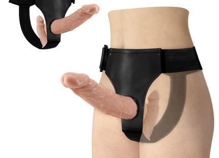 Schwarzer latexharness mit realistischem hautsfarbenem dildoeinsatz von baile ultra leidenschaftlicher doppelter dildo mit harness