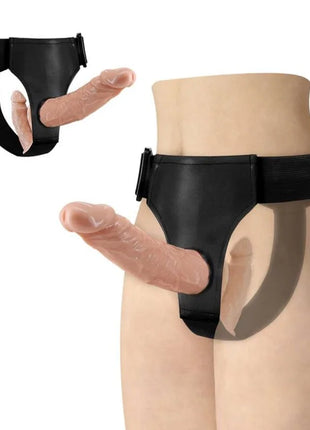 Schwarzer latexharness mit realistischem hautsfarbenem dildoeinsatz von baile ultra leidenschaftlicher doppelter dildo mit harness