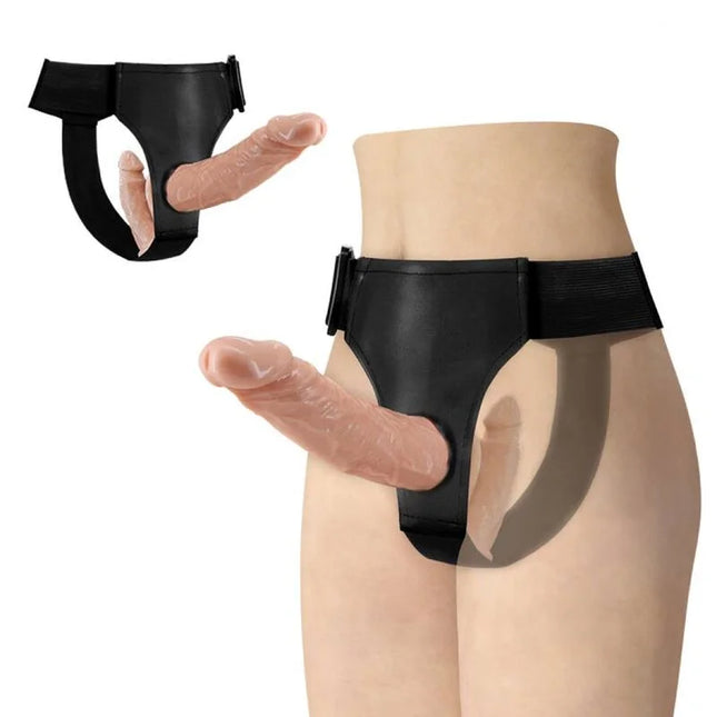 Schwarzer latexharness mit realistischem hautsfarbenem dildoeinsatz von baile ultra leidenschaftlicher doppelter dildo mit harness
