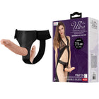 Schwarzer baile lederharness mit zwei hautfarbenen silikon dildo doppelt und leidenschaftlich