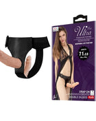 Schwarzer baile lederharness mit zwei hautfarbenen silikon dildo doppelt und leidenschaftlich